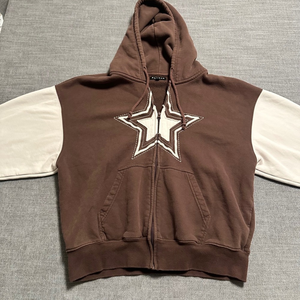 PacSun Star Zip Up Hoodie Medium Brown Cream Western Streetwear Boxy